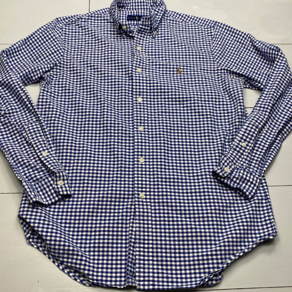 Ralph Lauren Gingham Button Down Shirt Mens M Blue White Long Sleeve Cotton Pony